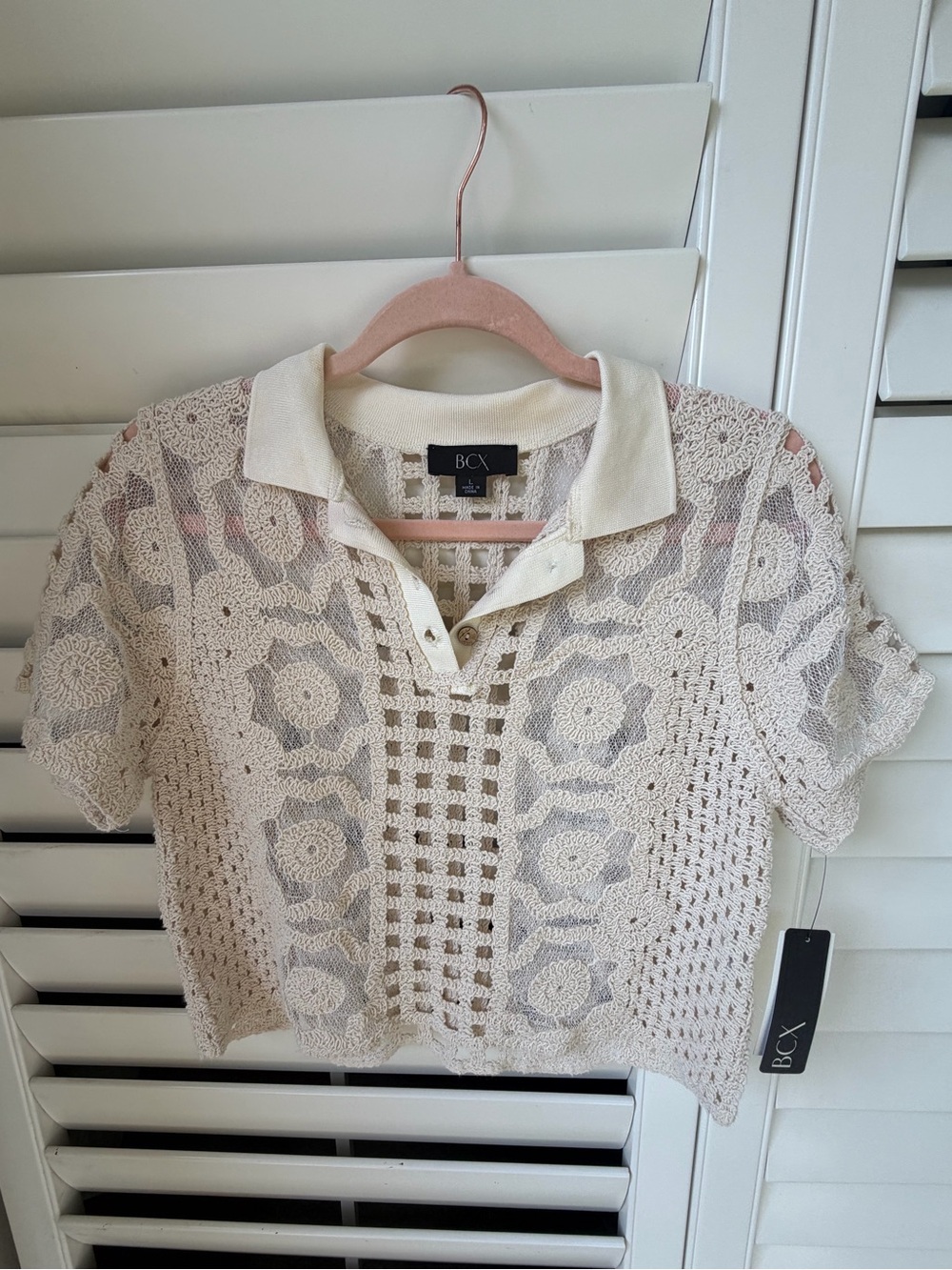 BCX Cream Crochet Polo Crop Top with Floral Motif